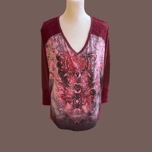 Oneworld Women's Floral Pullover V-Neck Long Sleeve Top Red Size Medium